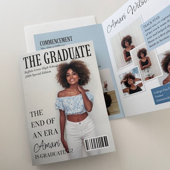 graduation announcement with photo area and decorative text